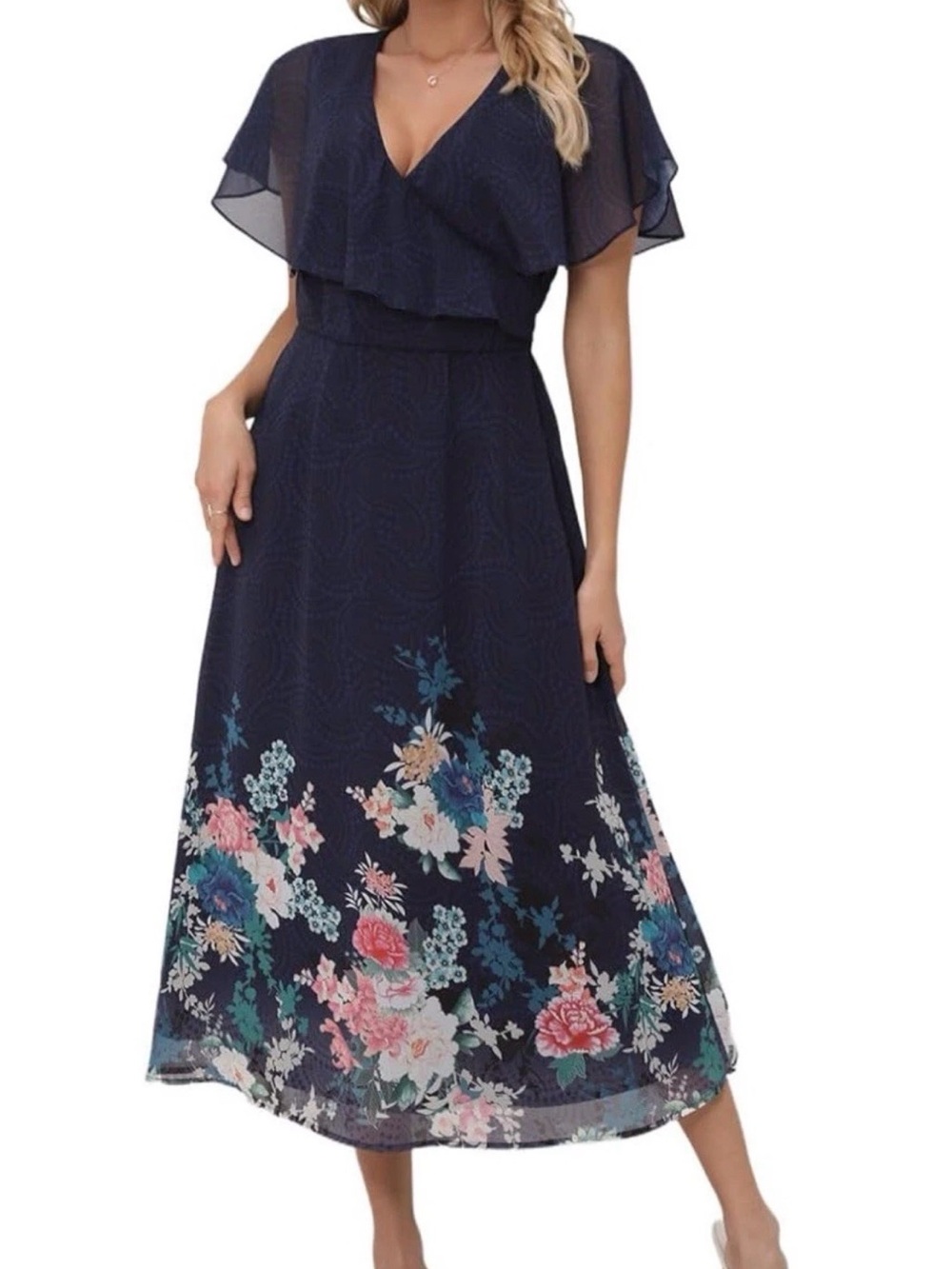 Navy Floral V-Neck Maxi Dress with Flutter Sleeves